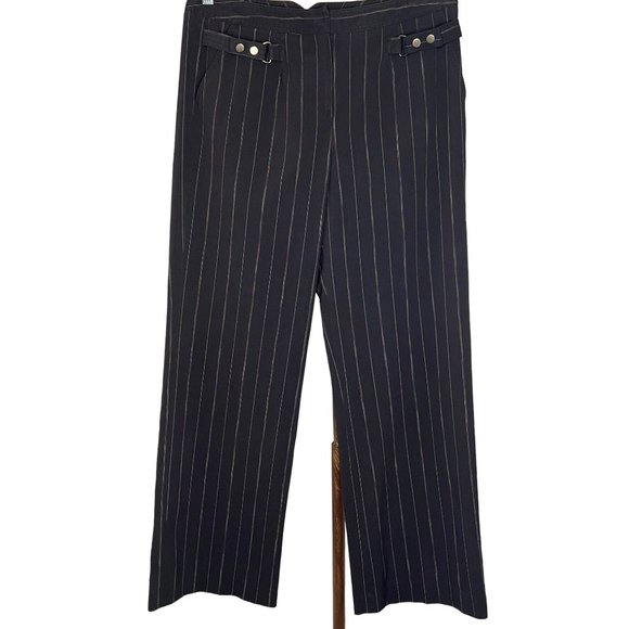 Larry Levine petite stretch 10 P black pinstripe snap straps at pockets, wide le - Picture 1 of 10